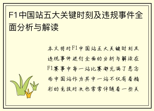 F1中国站五大关键时刻及违规事件全面分析与解读