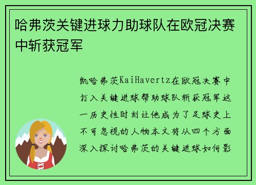 哈弗茨关键进球力助球队在欧冠决赛中斩获冠军